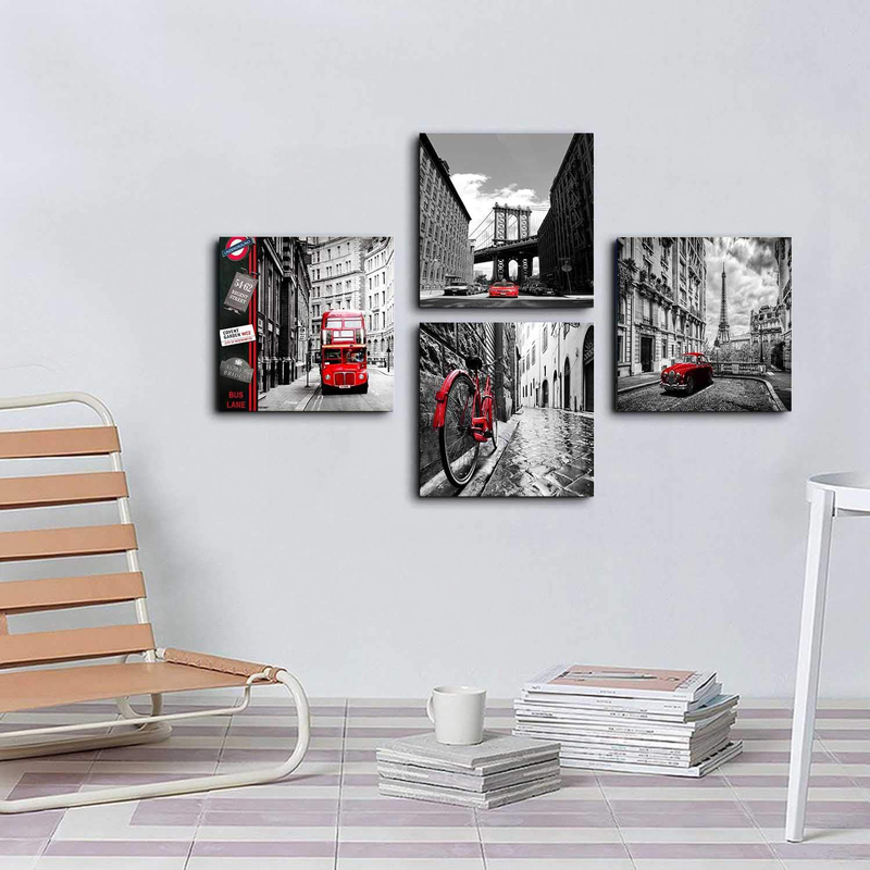 Ozlvii Cityscape Paris Prints Brooklyn Bridge Eiffel Tower London Red Bus Pictures Canvas, 4 Piece, Multicolour