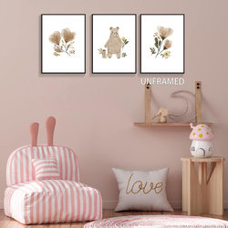 Boho Botanical Flower Canvas Wall Art Cute Woodland Animals Bear Minimalist Baby Nursery Room Aesthetic Posters, 12 x 16 inch, 3 Pieces, White/Brown/Green