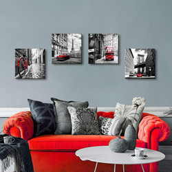 Sunfrower 4-Piece x 12 x 12-Inch Canvas Black and White Pictures Red City Buildings Photo Poster Wall Art, Multicolour