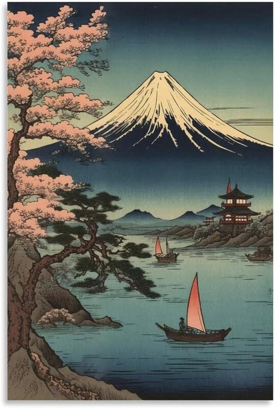 Japanese Ukiyo-e Art Mount Fuji From Lake Frame Hanger Scroll Decorative Hanging Canvas Wall Posters, Multicolour