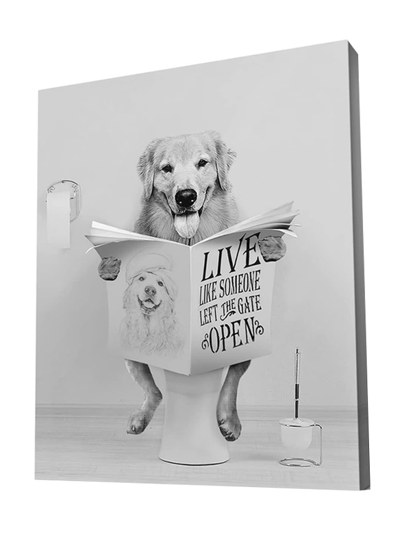 Parylore Framed 12 x 16-Inch Funny Bathroom Decor Golden Retriever Sitting in Toilet Reading Newspaper Picture Wall Artworks, Black-White
