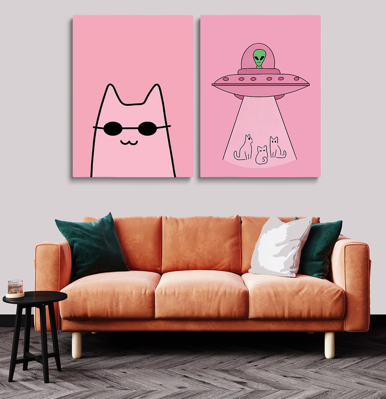 Fun College Style Cat and Alien Pink Canvas Wall Art, 2 Pieces, Multicolour