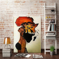 Akotac Framed Homesick African Woman Sunset Landscape Canvas Posters, Multicolour