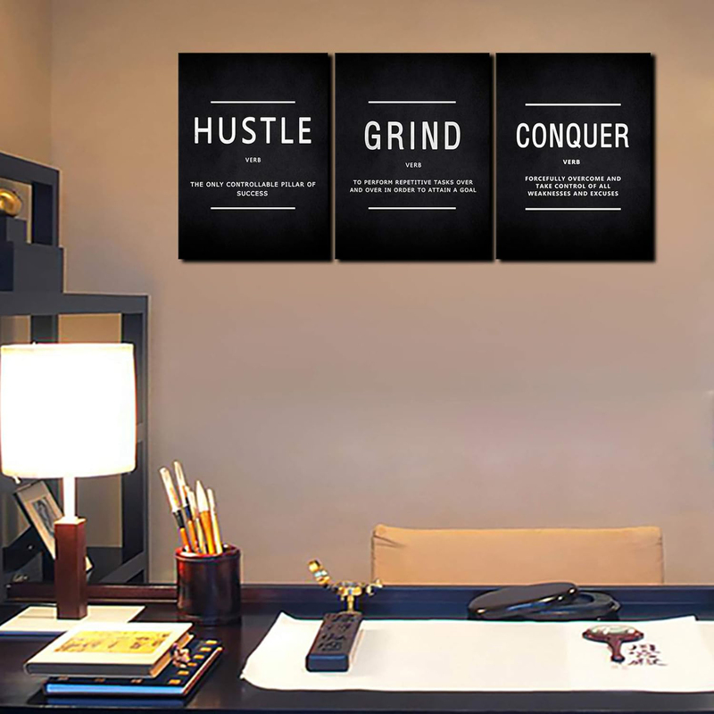 Cbaipy Inspirational Motivational Quote Hustle Grind Conquer Wall Art Canvas Poster Set, 3 Pieces, 12 x 16-inch, Black