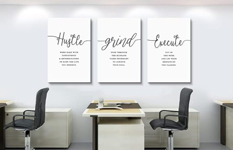 Ephany 3-Piece Hustle Grind Execute Quotes Inspirational Wall Artworks with Frame, Multicolour