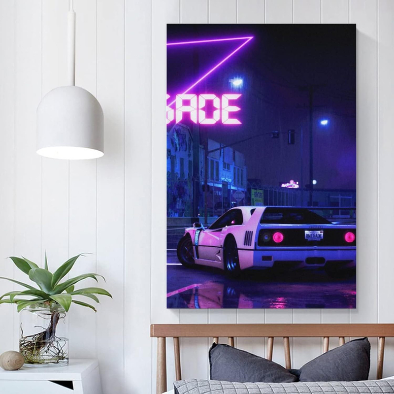 12 x 18-Inch Canvas Frame Neon Street Classic Car Poster Wall Art, Multicolour