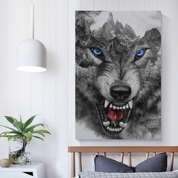 Rucatto Animal Poster Black & White Wild Angry Wolf Head Blue Eyes Art Poster, Multicolour