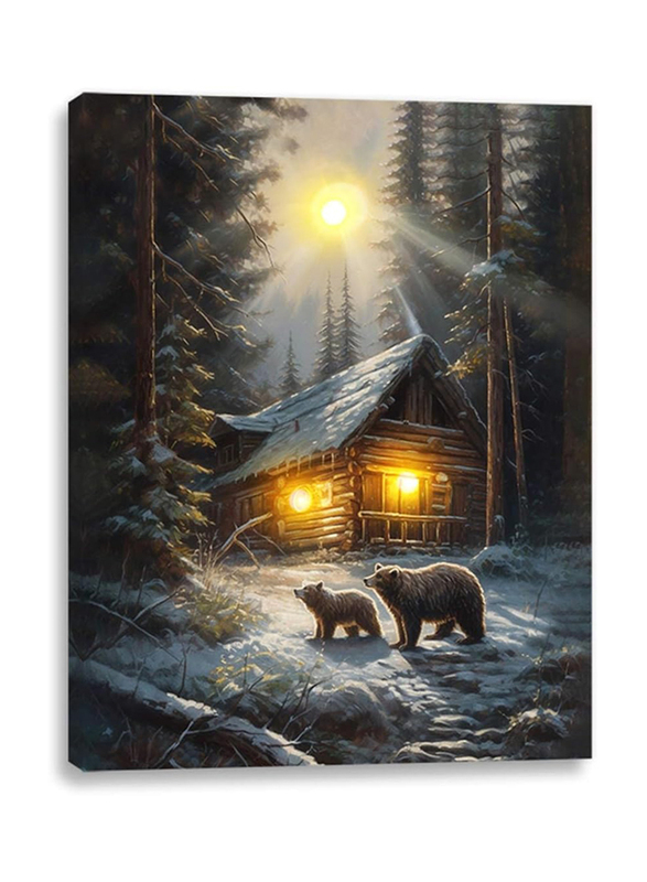 Alottagifts Lighted Bear & Cub Winter Canvas Wall Poster, 16 x 12-inch, Multicolour