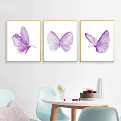 Qxnrt Butterfly Wall Art Print Set Poster, 3 Pieces, Purple