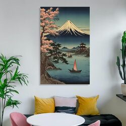 Japanese Ukiyo-e Art Mount Fuji From Lake Frame Hanger Scroll Decorative Hanging Canvas Wall Posters, Multicolour