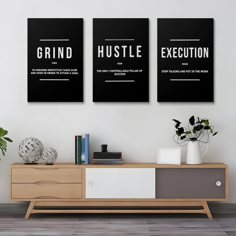 Gubiyu Inspirational Canvas Motivational Posters Success Grind Hustle Execution Wall Art Set, 3 Pieces, 24 x 36-inch, Black