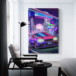PDY JDM Car Poster Gtr-car R34 Neon Night Aesthetic Posters, Multicolour