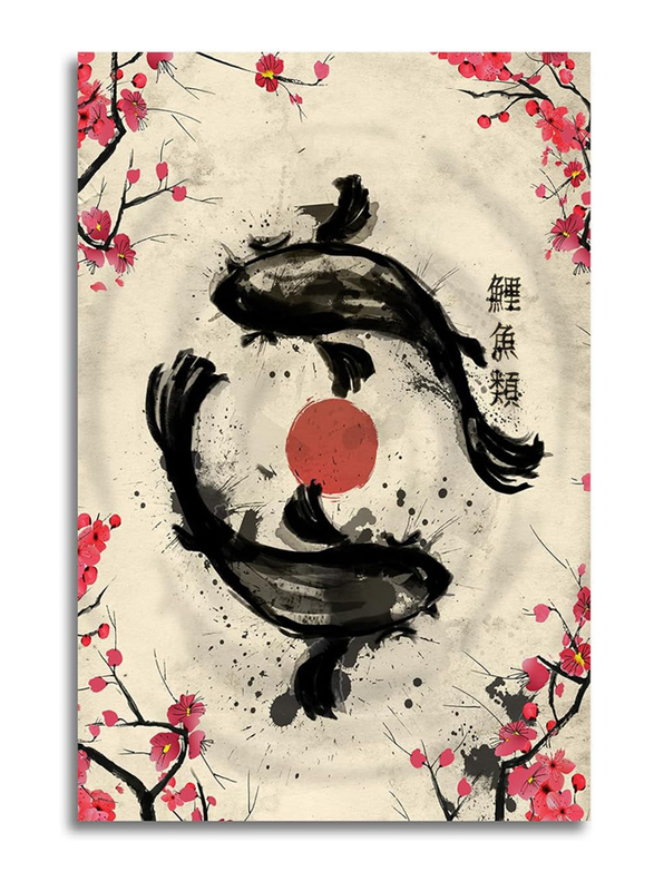 Gengsheng Japanese Retro Ink Painting Sakura Yin Yang Koi Fish Art Print Canvas Poster, Multicolour