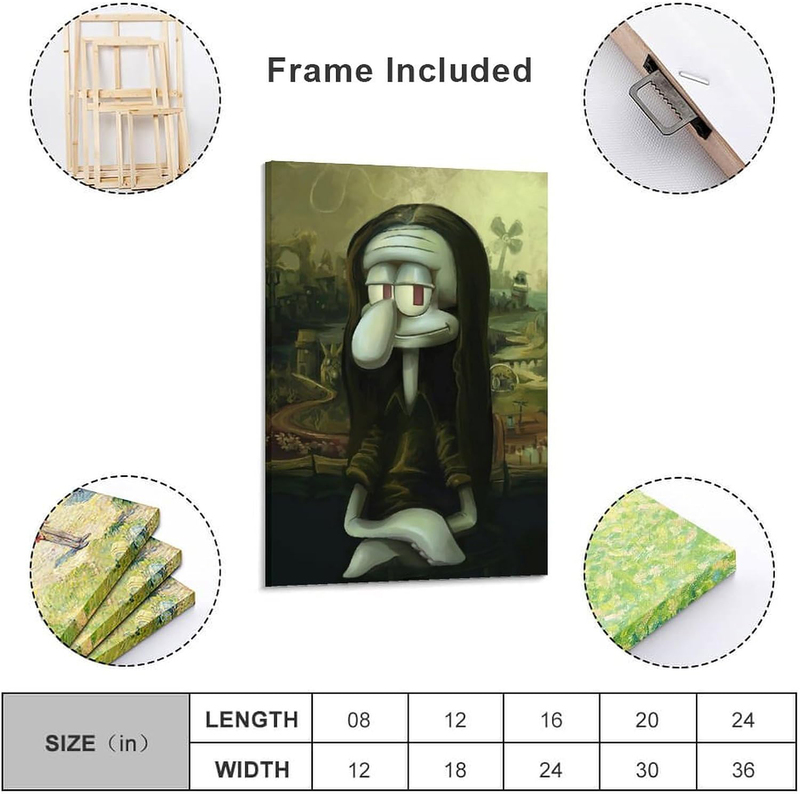 DDIIRO 8 x 12-Inch Framed Canvas Squidward Famous Funny Mona Lisa Painting Poster Wall Art, Multicolour