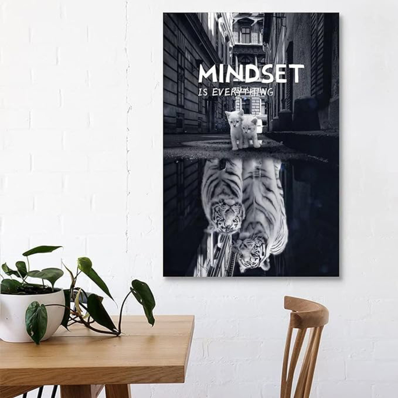 BCQ Mindset is Everything Motivational Animal Inspirational Interesting Cat and Tiger Poster, 30 x 45cm, Black