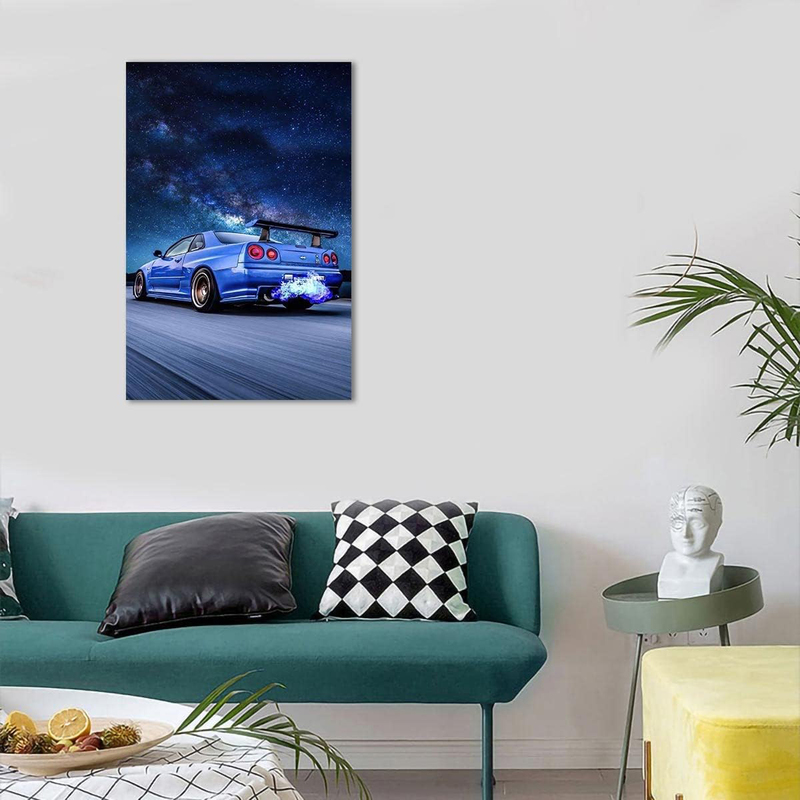 ALLUCKII Unframed Canvas 12 x 18-Inch Skyline GTR R34 Car Poster, Blue