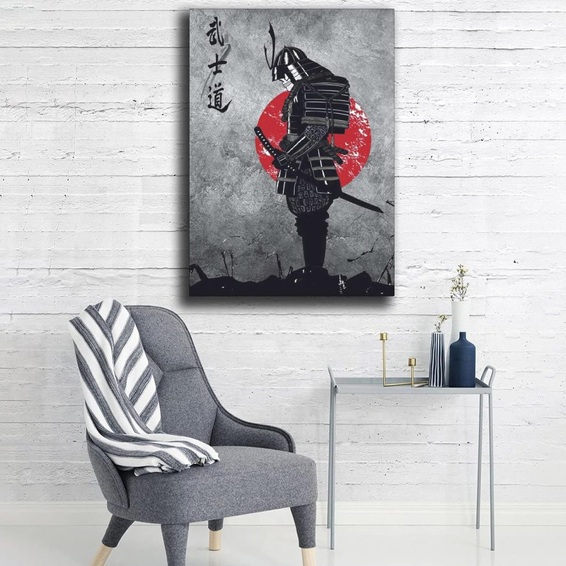 LIXI Unframed Canvas 16 x 24-Inch Japanese Samurai Warrior Poster, Grey