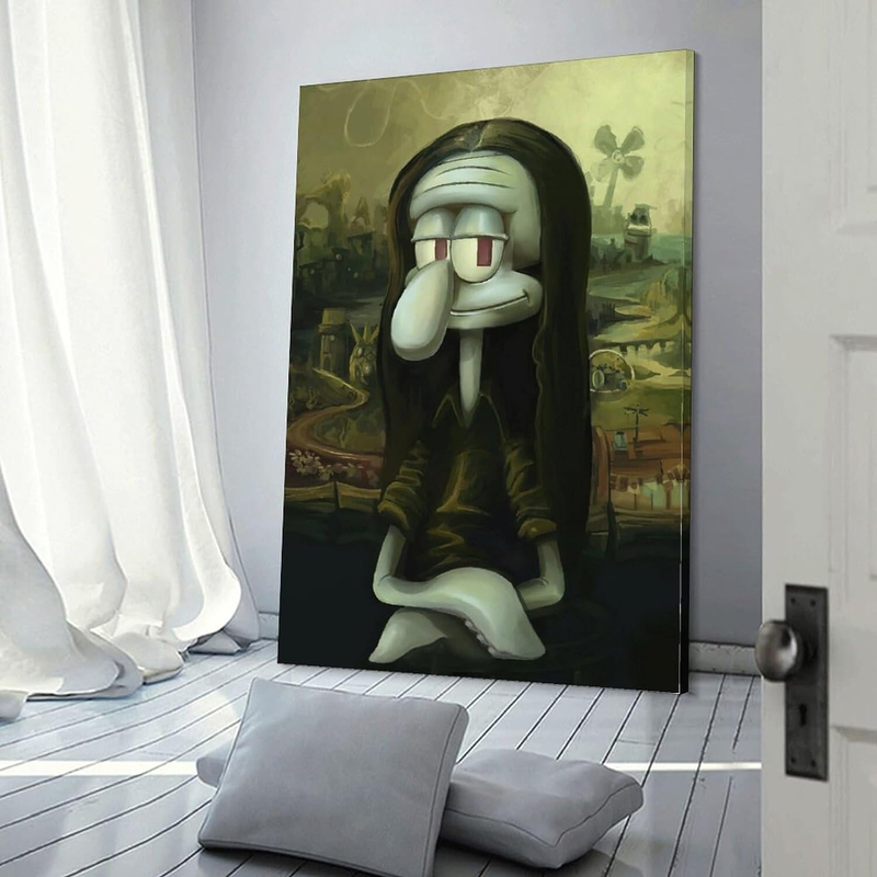 DDIIRO Squidward Famous Painting Lisa Funny Spoof Canvas Art Poster & Wall Art Picture Print Modern Family Bedroom Decor Framed Poster, Green/Black