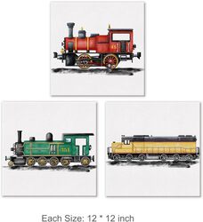 Yuzi-n Steam Train Nursery Vehicle Canvas Wall Art Poster, 3 Pieces, 12 x 12 inch, Multicolour