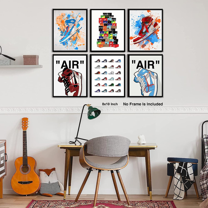 LIYA Design Prints Unframed 6-Piece x 8 x 10-Inch Hypebeast Sneaker "Nike Air Jordan" Wall Art Set Poster, Multicolour