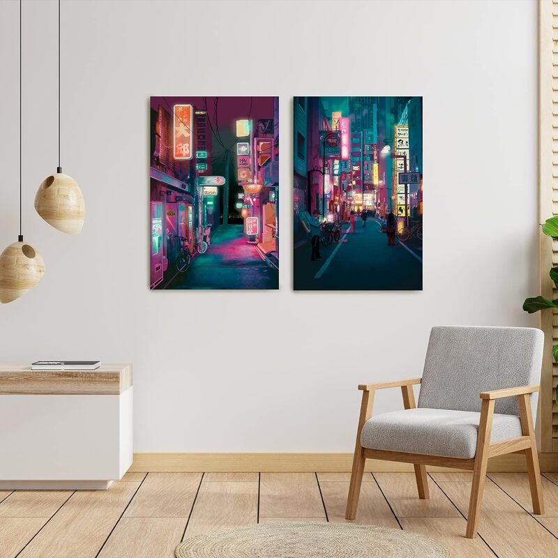 Koshenia Tokyo Anime Preppy Night City Japanese Print Artwork Wall Art Poster, 2 Pieces, Multicolour