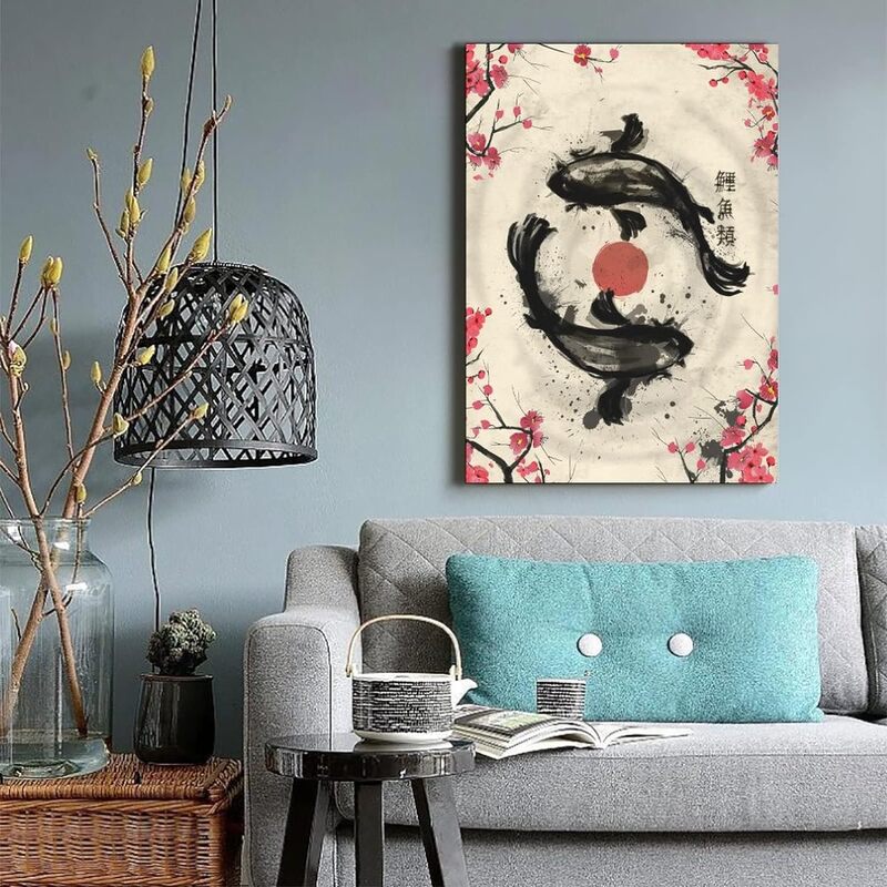 Gengsheng Japanese Retro Ink Sakura Yin Yang Koi Fish Canvas Wall Art, 16 x 24 inch, Multicolour