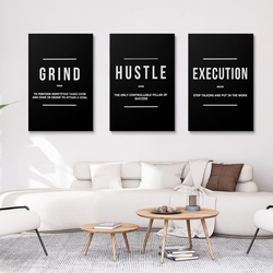 Gubiyu Hustle Grind Execution Motivational Inspirational Positive Quotes Framed Canvas Wall Art Poster, 3 Pieces, 12 x 16 inch, Black/White