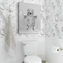 Parylore Framed 12 x 16-Inch Funny Bathroom Decor Golden Retriever Sitting in Toilet Reading Newspaper Picture Wall Artworks, Black-White