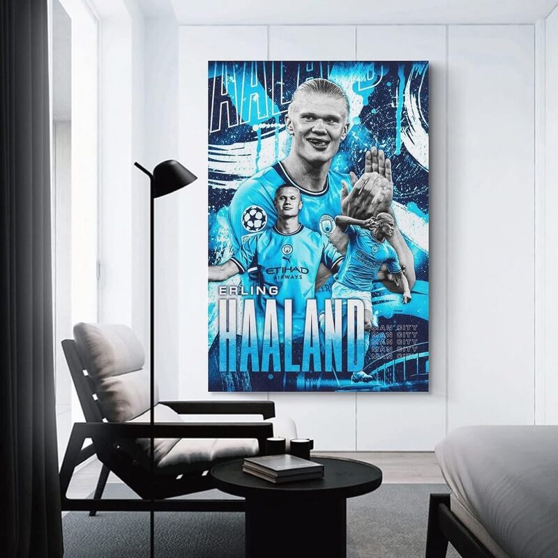 Soccer Stars Erling Haaland Canvas Poster Wall Art Decor Print Picture Paintings, 12 x 18 inch, White/Blue