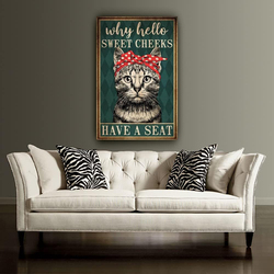 Busmko Funny Cat Why Hello Sweet Cheeks Have a Seat Funny Quotes Room Wall Art, Multicolour