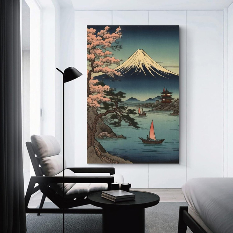 Japanese Ukiyo-e Art Mount Fuji From Lake Poster Canvas, Multicolour