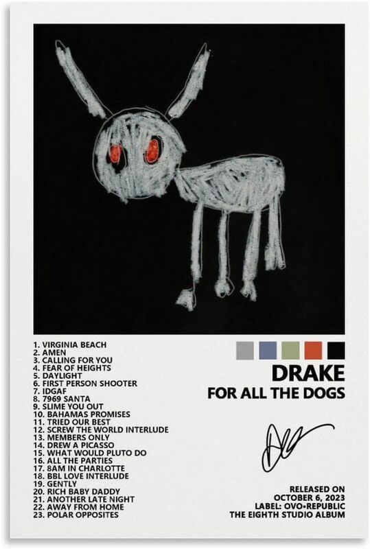 Mooyo Drake Poster for All The Dogs Music Album Cover Posters for Room Aesthetic Canvas Wall Art, Black/Grey