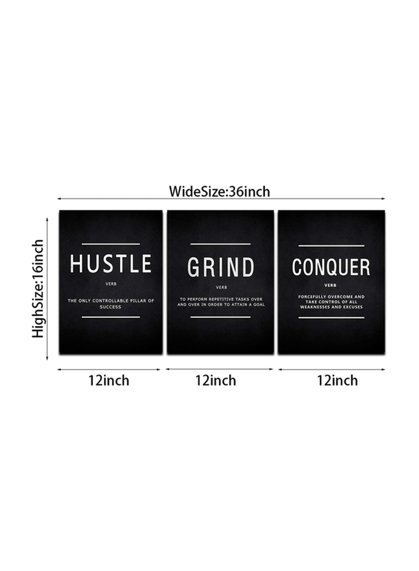 Cbaipy Inspirational Motivational Quote Hustle Grind Conquer Wall Art Canvas Poster Set, 3 Pieces, 12 x 16-inch, Black