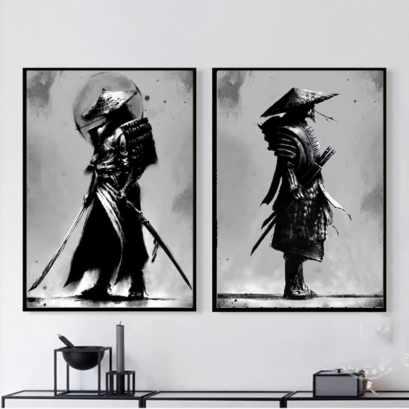 Iuntweie Japan Samurai Portrait Pictures Bushido Japanese Warrior Canvas Wall Art, Black/White