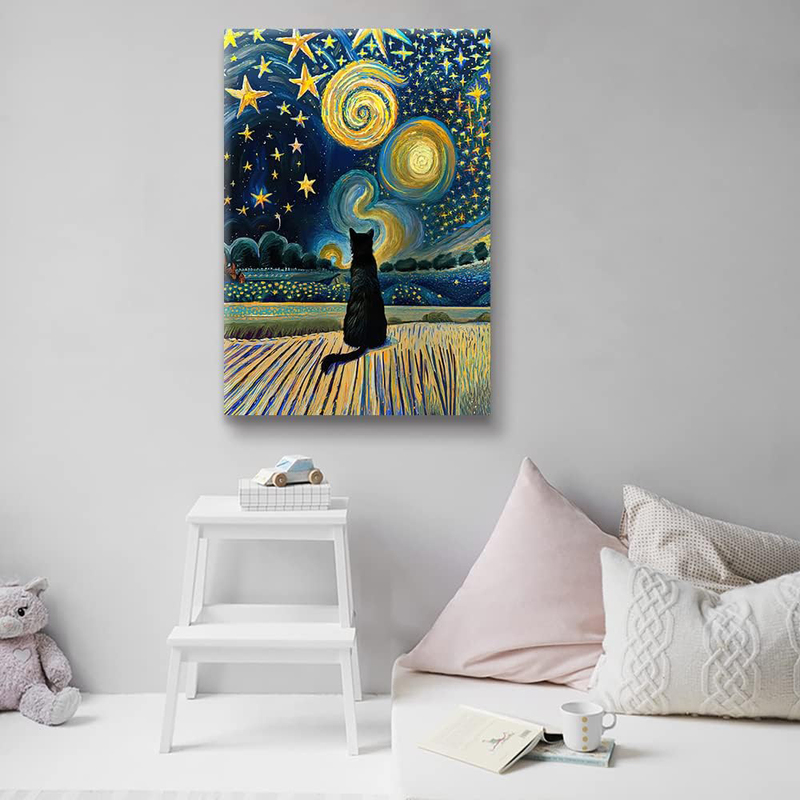 Lianxiaw The Starry Night Cat Canvas Wall Art Famous Oil Paintings Black Cat Poster, Multicolour