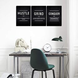 Cbaipy 3-Piece Hustle Grind Conquer Inspirational Quotes Canvas Wall Artworks, Multicolour