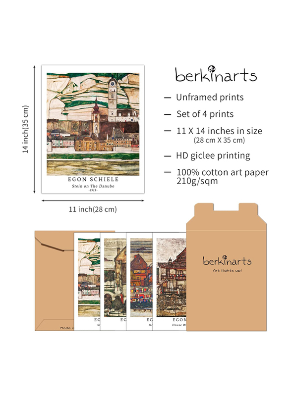 Berkin Arts Unframed Prints Giclee Illustrations Geometric House Egon Schiele Posters Set, 4 Pieces, 11 x 14-inch, Multicolour