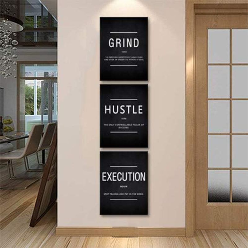 Cbaipy Motivational Inspirational Quotes Grind Hustle & Execution Canvas Posters, 3 Pieces, Black