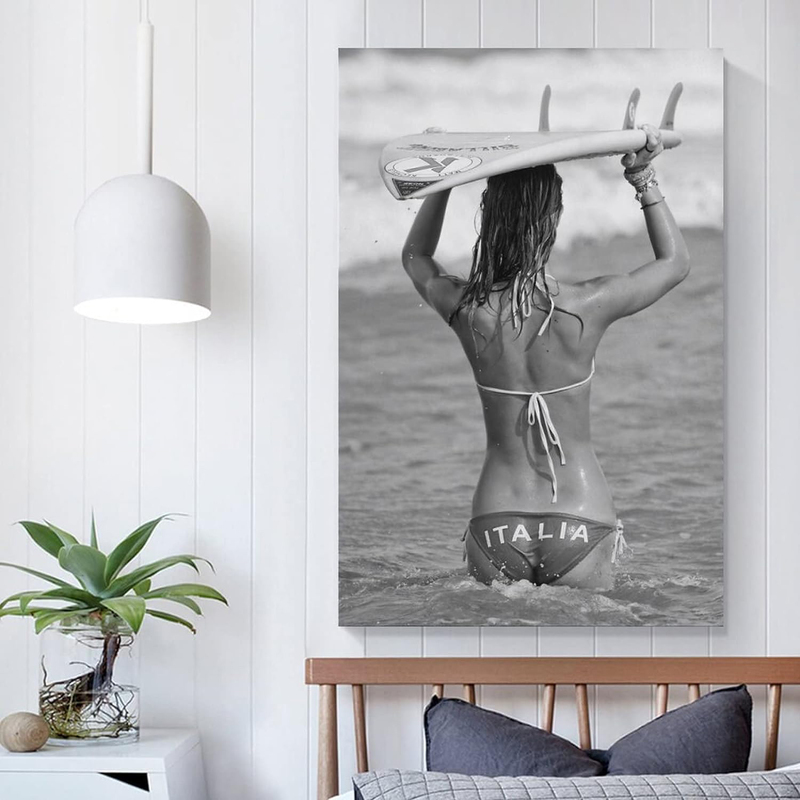 Jwjkdsld Hot Girl Posters Italian Surfer Girl Beach Black and White Surfing Photograph Vintage Poster, Multicolour