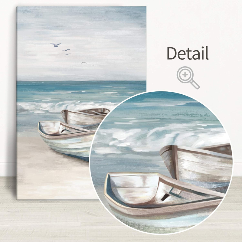SUMGAR Ocean Wall Art Blue White Sea Canvas Paintings Sandy Beach Pictures Boat Coastal Poster, Multicolour
