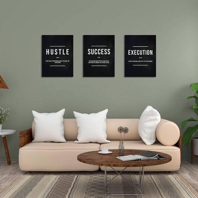 Unbruvo Inspirational Canvas Painting Success Hustle Execution Motivational Wall Art Poster, 3 Pieces, 36 x 16 inch, Black/White