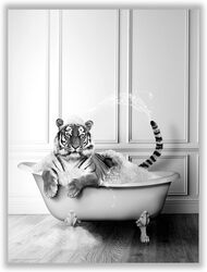 Liya Design Prints Funny Bathroom Tiger Animals Bathtub Poster, 12 x 16 inch, Black/White