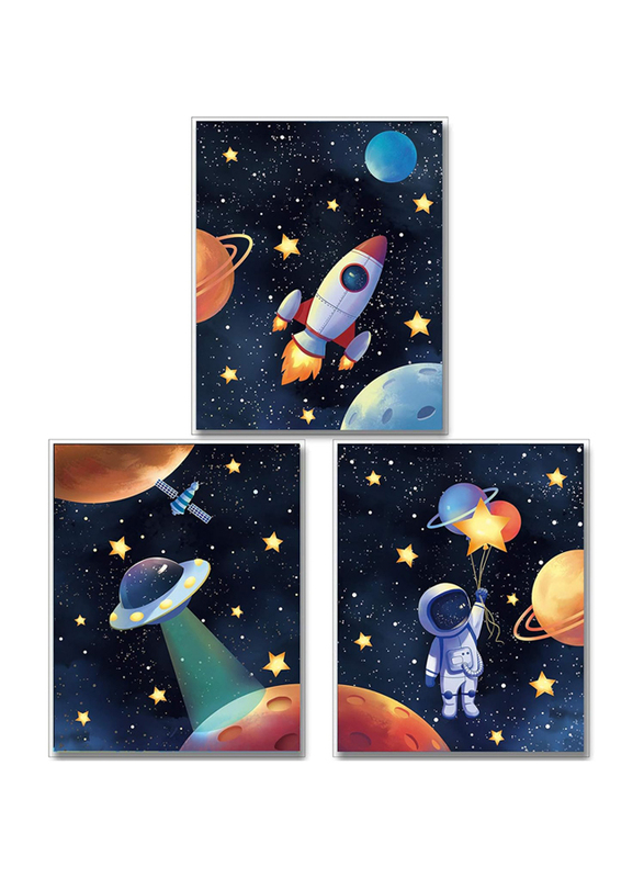 Mwoot Space Astronaut Solar System Rocket Canvas Poster, 3 Pieces, Multicolour