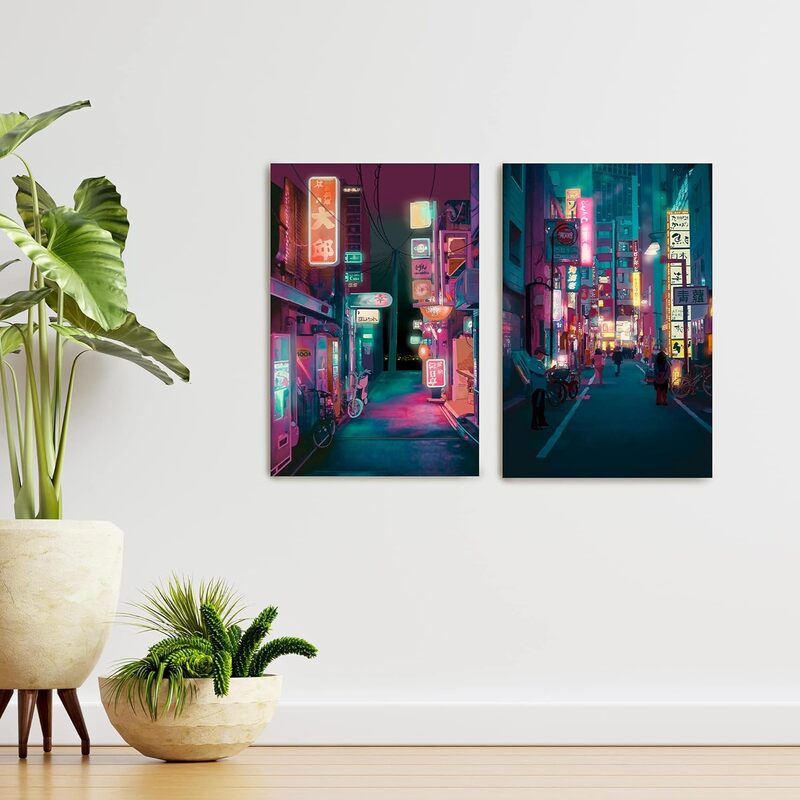 Koshenia Tokyo Anime Preppy Night City Japanese Print Artwork Wall Art Poster, 2 Pieces, Multicolour