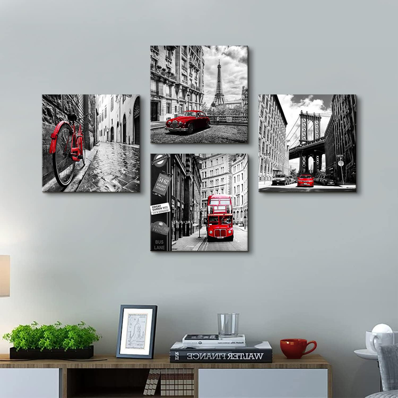 Sunfrower 4-Piece x 12 x 12-Inch Canvas Black and White Pictures Red City Buildings Photo Poster Wall Art, Multicolour