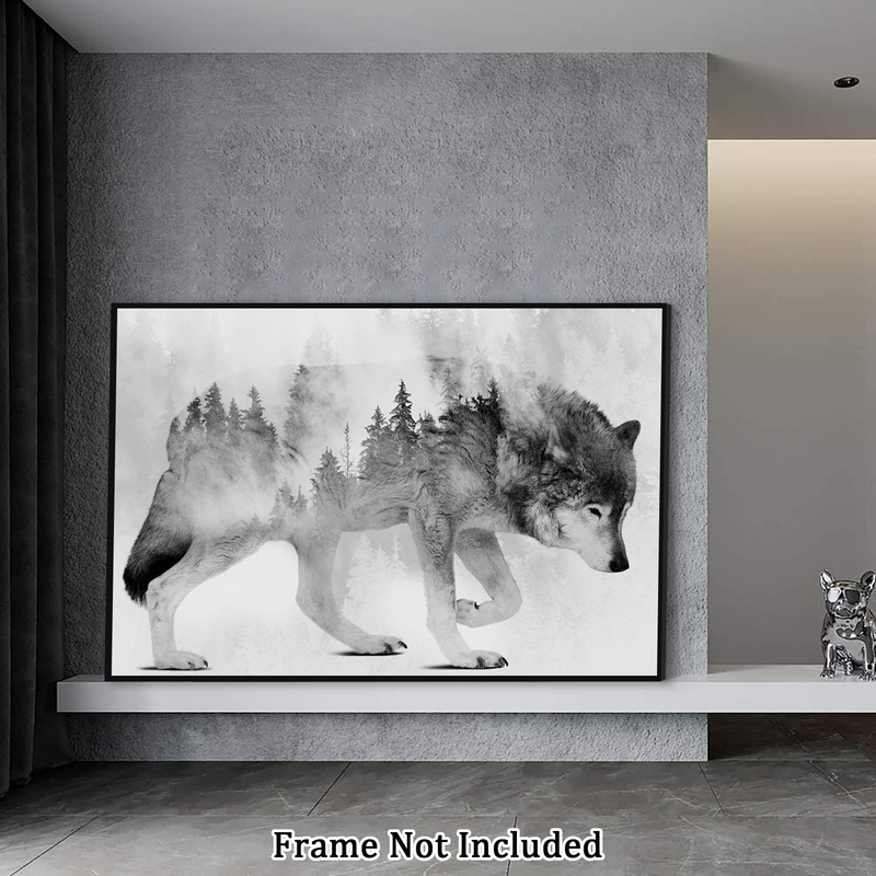 Eorntdy Forest Abstract Animal Art On Wolf Canvas Print Poster, 16 x 24 inch, Black/White