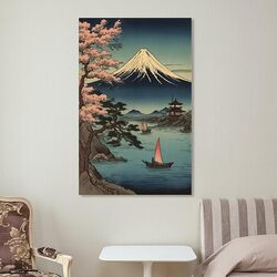 Japanese Ukiyo-e Art Mount Fuji From Lake Frame Hanger Scroll Decorative Hanging Canvas Wall Posters, Multicolour