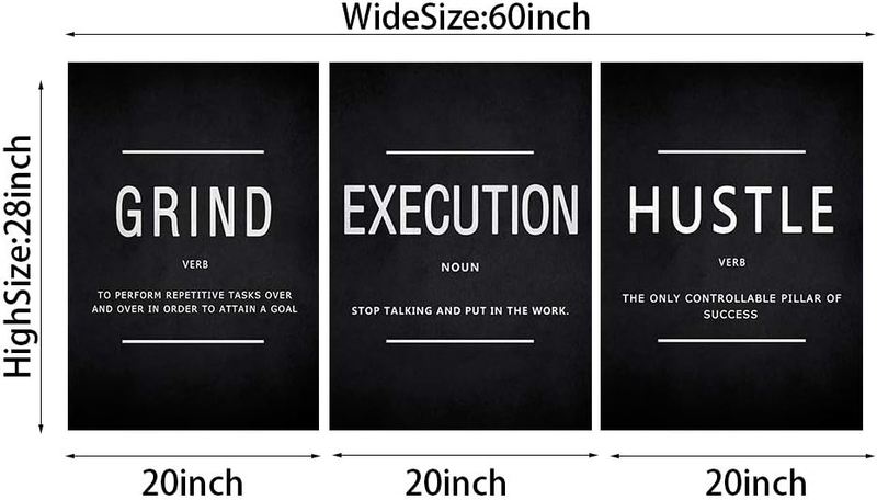 Cbaipy Motivational Inspirational Quotes Grind Hustle & Execution Canvas Posters, 3 Pieces, Black