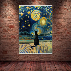 Lianxiaw The Starry Night Cat Canvas Wall Art Famous Oil Paintings Black Cat Poster, Multicolour