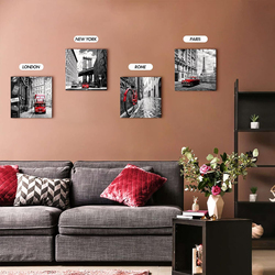 Sunfrower 4-Piece x 12 x 12-Inch Canvas Black and White Pictures Red City Buildings Photo Poster Wall Art, Multicolour